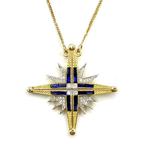 14K Gold Diamond & Sapphire Star Of Bethlehem Opening Magnetic Necklace
