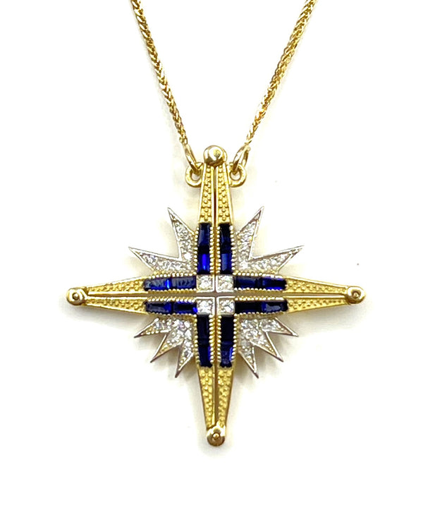 14K Gold Diamond & Sapphire Star Of Bethlehem Opening Magnetic Necklace