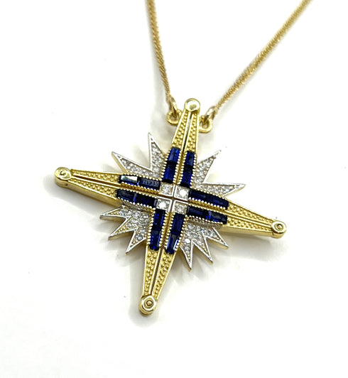14K Gold Diamond & Sapphire Star Of Bethlehem Opening Magnetic Necklace