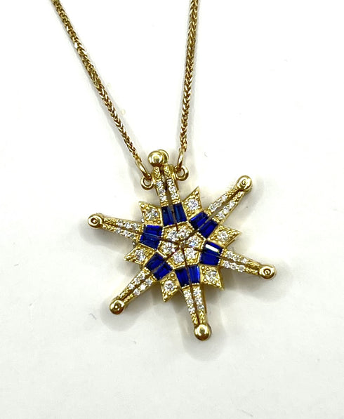 14K Gold Diamond & Sapphire Star Of Bethlehem Opening Magnetic Necklace