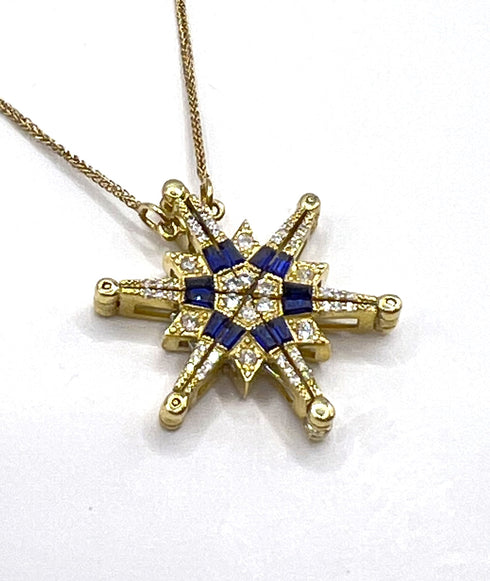 14K Gold Diamond & Sapphire Star Of Bethlehem Opening Magnetic Necklace