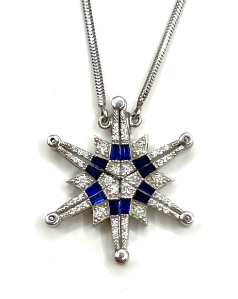 14K Gold Diamond & Sapphire Star Of Bethlehem Opening Magnetic Necklace