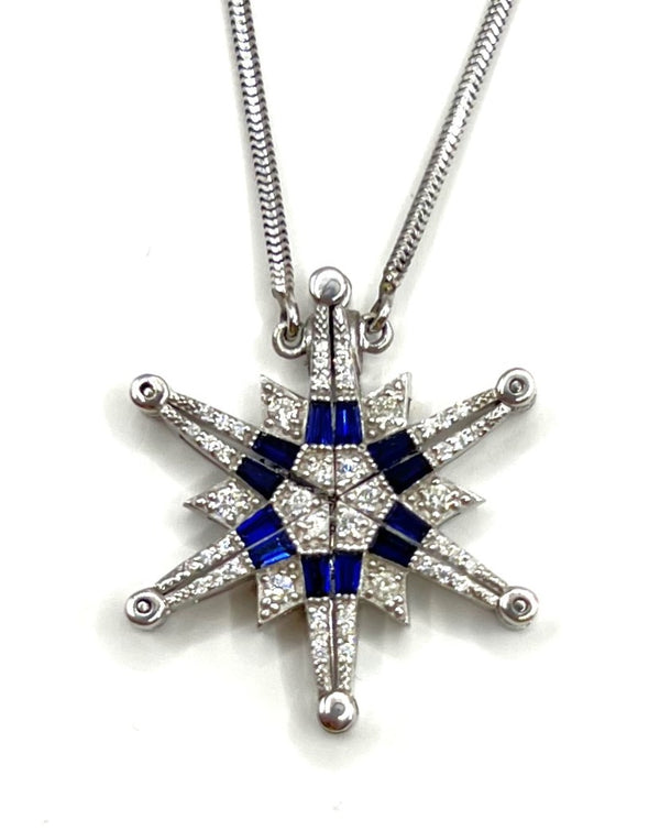 14K Gold Diamond & Sapphire Star Of Bethlehem Opening Magnetic Necklace