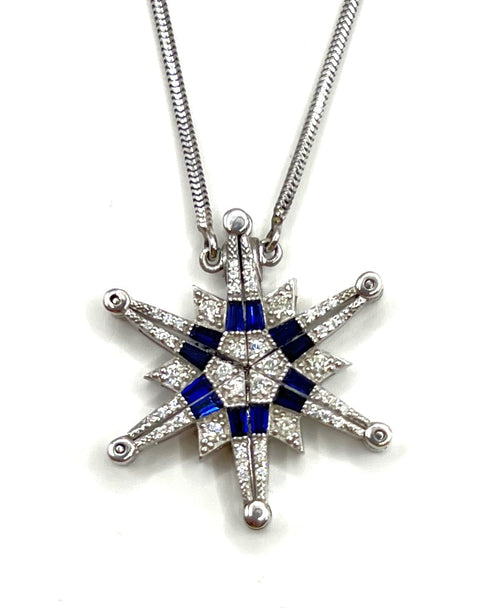 14K Gold Diamond & Sapphire Star Of Bethlehem Opening Magnetic Necklace