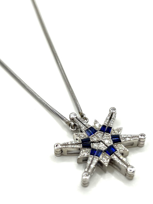 14K Gold Diamond & Sapphire Star Of Bethlehem Opening Magnetic Necklace