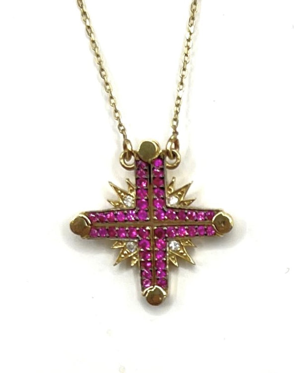14K Gold Diamond & Ruby Star Of Bethlehem Opening Magnetic Necklace