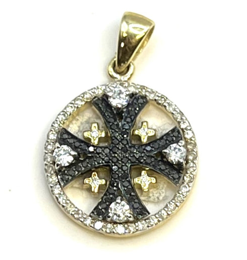 14K Gold & Black Diamond Round Jerusalem Cross Necklace