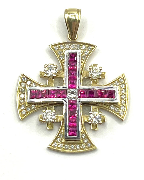 14K Yellow Gold With Diamond & Ruby Jerusalem Cross Necklace