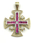 14K Yellow Gold With Diamond & Ruby Jerusalem Cross Necklace