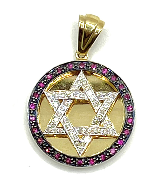 14K Gold With Diamond & Ruby Star of David Round Necklace