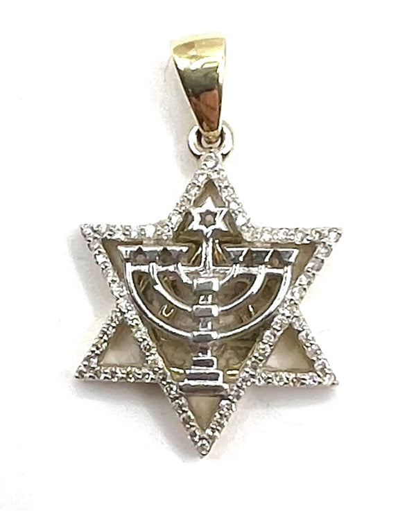 14K Gold & Diamond Star of David and Menorah Necklace
