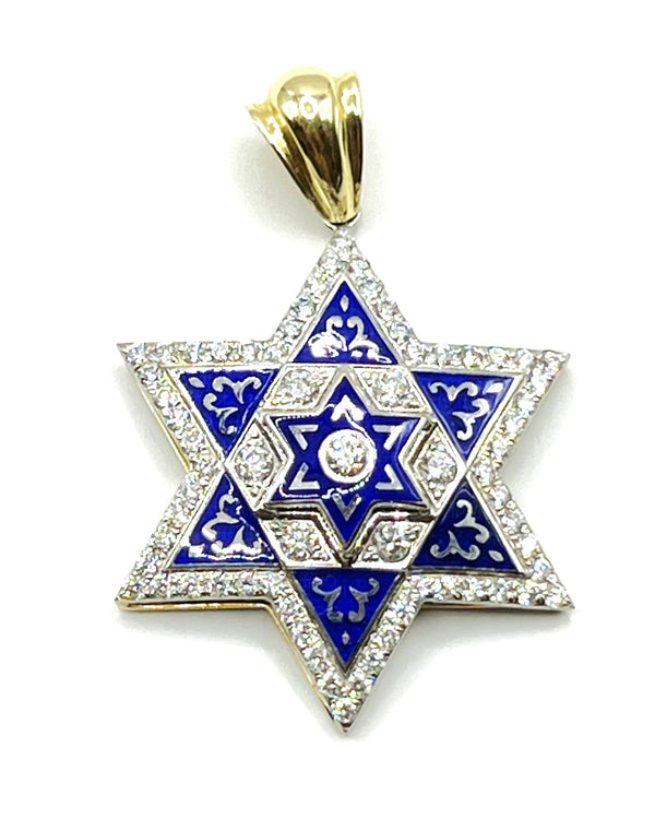 14K Gold & Diamond With Blue Enamel Star of David Pendant Necklace