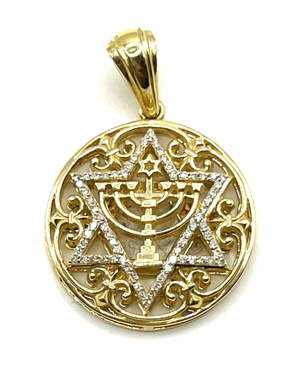 14K Gold & Diamond Star of David and Menorah Necklace