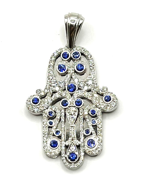 14K White Gold & Diamond Khamsa with Sapphire Stones Necklace