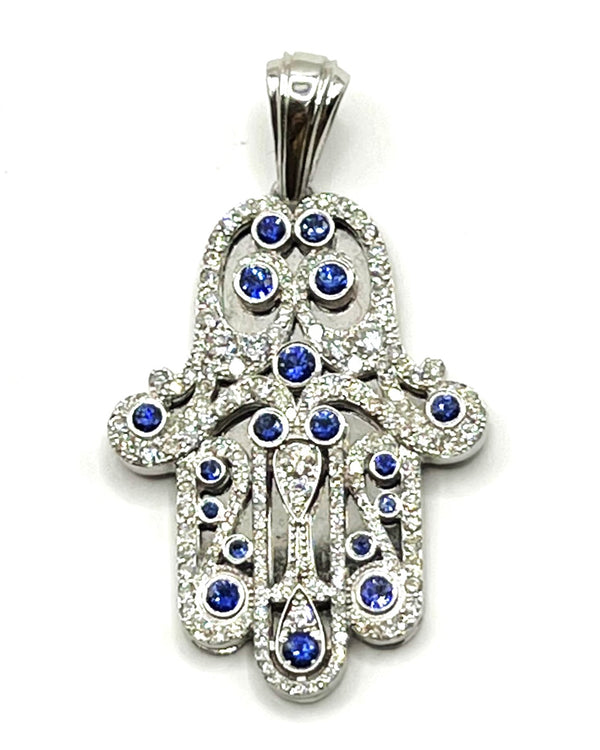 14K White Gold & Diamond Khamsa with Sapphire Stones Necklace