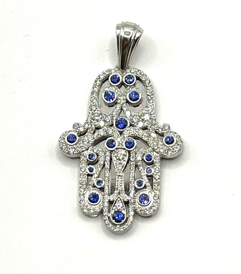 14K White Gold & Diamond Khamsa with Sapphire Stones Necklace