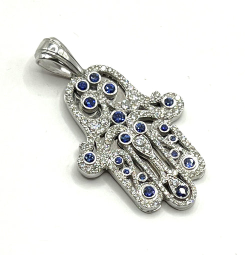 14K White Gold & Diamond Khamsa with Sapphire Stones Necklace