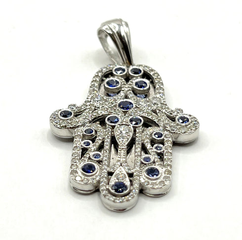 14K White Gold & Diamond Khamsa with Sapphire Stones Necklace
