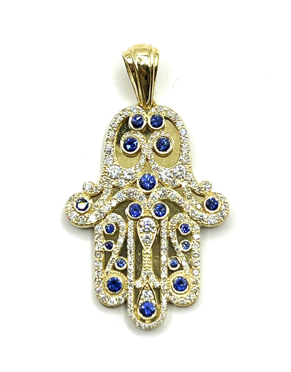 14K Yellow Gold & Diamond Khamsa with Sapphire Stones Necklace