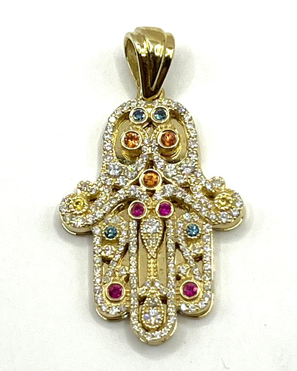 14K White Gold & Gemstones Diamond Khamsa Ornate Necklace