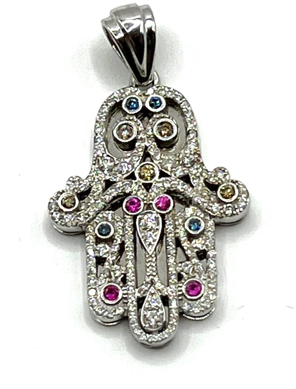 14K White Gold & Gemstones Diamond Khamsa Ornate Necklace