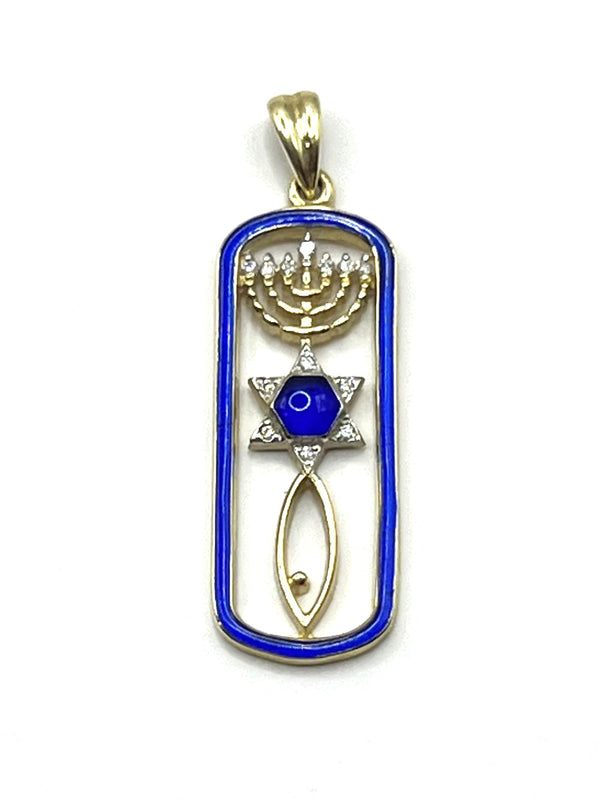 14k Gold & Diamond With Blue Enamel Messianic "Grafted In" Necklace