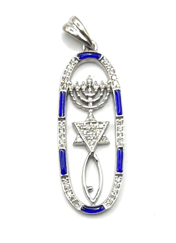 14k White Gold & Diamond With Blue Enamel Messianic "Grafted In" Necklace