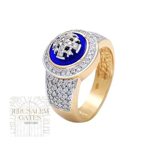 14K Gold Enamel and Diamond Paved Jerusalem Cross Ring