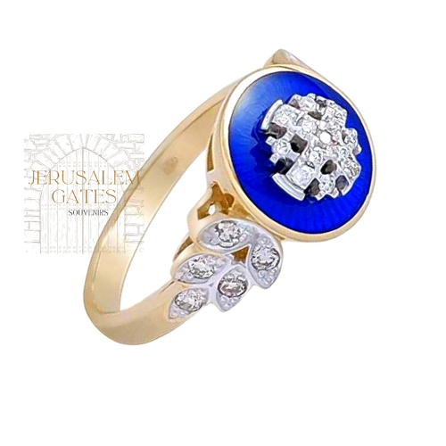 14k Gold With Diamonds & Blue Enamel.Jerusalem Cross