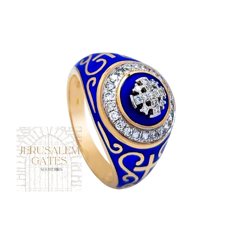 14K Gold With Diamonds and Blue Enamel Jerusdalem Cross Ring