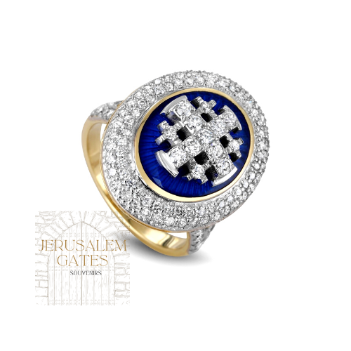 14K Gold with Diamond & Enameled Jerusalem Cross Ring