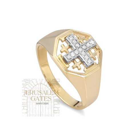 14K Gold & Diamond Jerusalem Cross Men's Ring