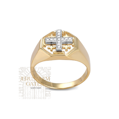 14K Gold & Diamond Jerusalem Cross Men's Ring
