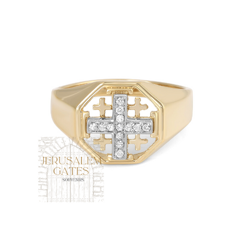 14K Gold & Diamond Jerusalem Cross Men's Ring