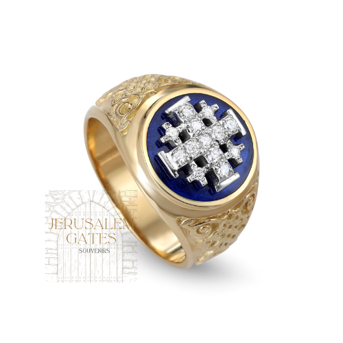 14K Gold With Diamond & Enamel Jerusalem Cross Men’s Ring