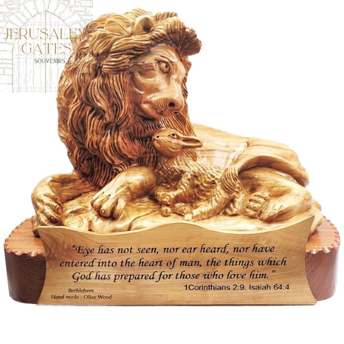 The Lion & The Lamb’ Hand Carved Olive wood Statue