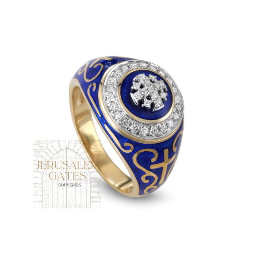 14K Gold With Diamond & Enamel Jerusalem Cross Men’s Ring