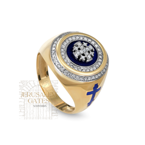 14K Gold With Diamond & Enamel Jerusalem Cross Men’s Ring