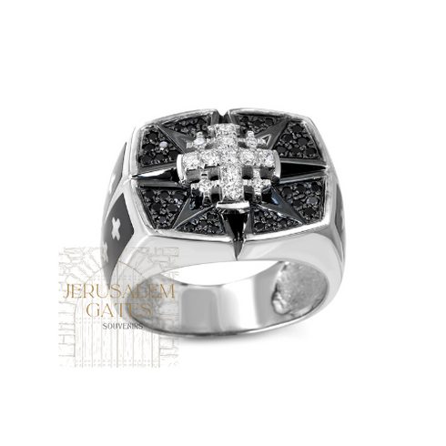 14K Gold With Black Diamond Jerusalem Cross Men’s Ring