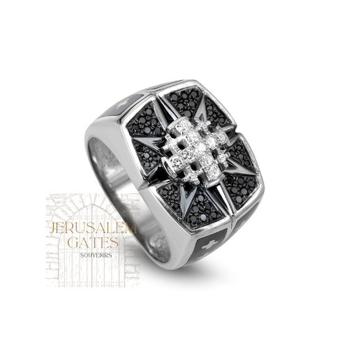 14K Gold With Black Diamond Jerusalem Cross Men’s Ring