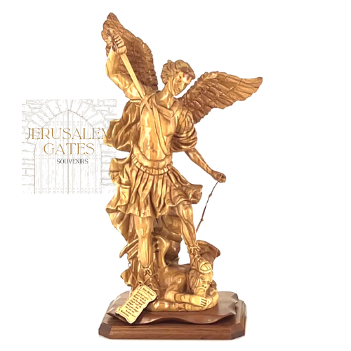 Saint Michael the Archangel Hand Carved Olive wood Stateu from The Holy Land