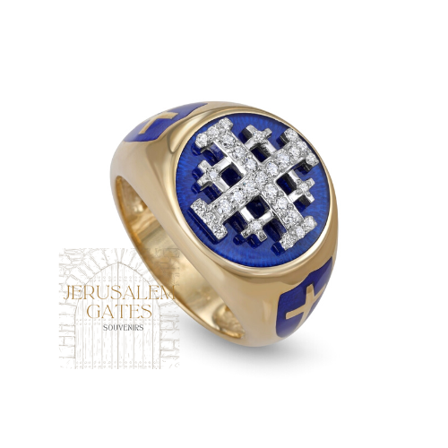 14K Gold With Diamond & Enamel Jerusalem Cross Men’s Ring