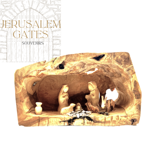 Hand Carved Olive Wood Cave Nativity Scene