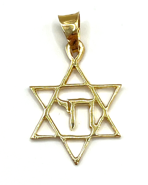 14k Gold Star Of David With With Hebrew Word "Khay" Long Life Necklace