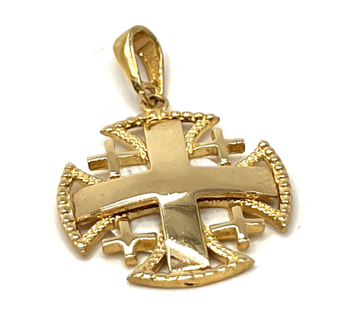 14K Gold Raised Up Round Smooth Jerusalem Cross Necklace