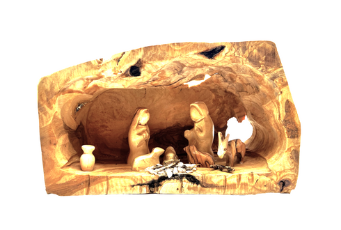 Hand Carved Olive Wood Cave Nativity Scene