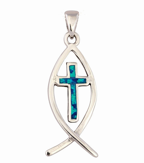 Sterling Silver Opal With Fish with Cross Pendant