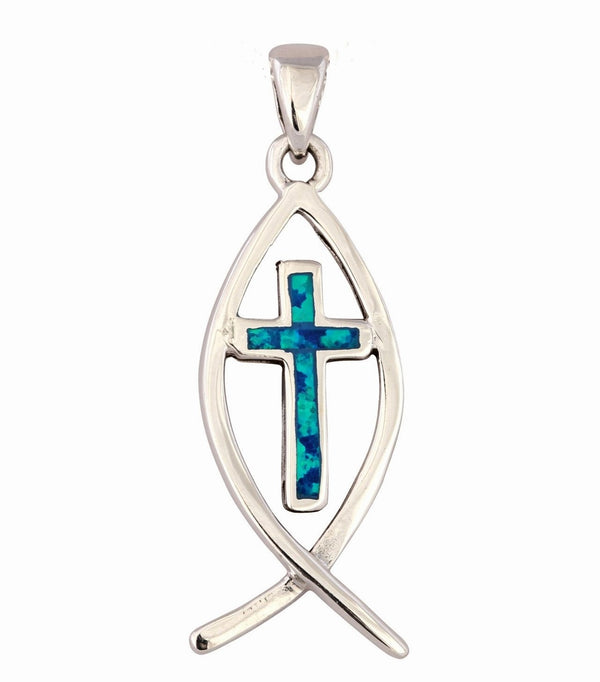 Sterling Silver Opal With Fish with Cross Pendant