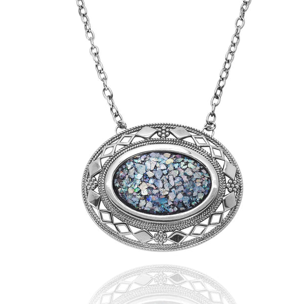 Oval Roman Glass Silver Necklace